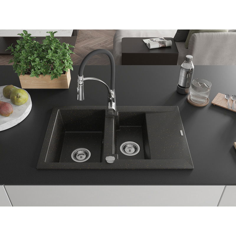 Mexen Gaspar granite sink 1.5-bowl with drainer and Aster kitchen tap, black/gold metallic - 6507-75-73450-07
