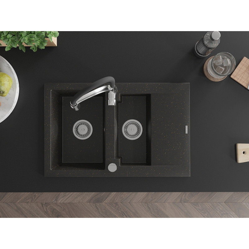 Mexen Gaspar granite kitchen sink 1.5-bowl with drainer and kitchen faucet Aster, black/gold metallic - 6507-75-73450-07
