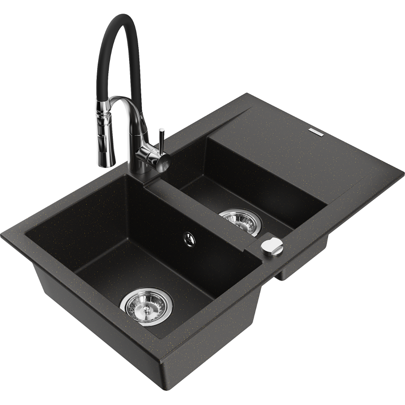 Mexen Gaspar 1.5-compartment granite sink with a drip tray and kitchen mixer tap Aster, Black/Gold metallic - 6507-75-73450-07