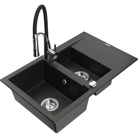 Mexen Gaspar granite kitchen sink 1.5-compartment with drainer and Aster kitchen faucet, black/golden metallic