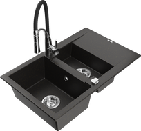 Mexen Gaspar granite sink 1.5-bowl with drainer and Aster kitchen tap, black/gold metallic - 6507-75-73450-07