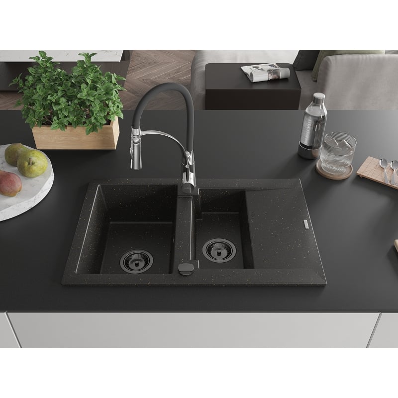 Mexen Gaspar granite sink 1.5-bowl with drainer and Aster kitchen faucet, black/gold metallic - 6507-75-73450-07-B