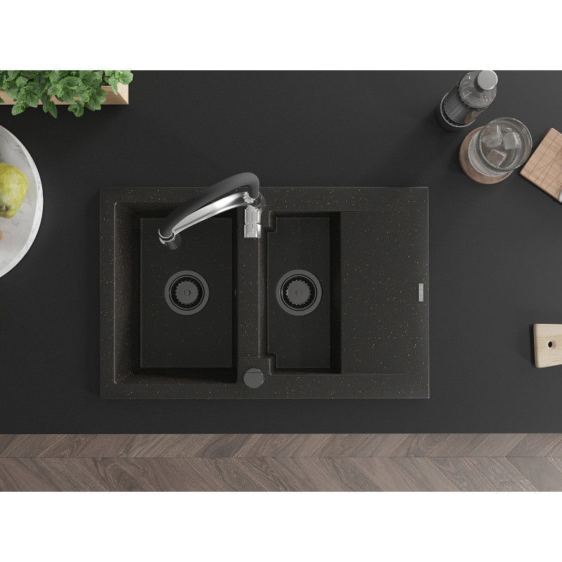 Mexen Gaspar granite sink 1.5-bowl with drainer and Aster kitchen tap, black/gold metallic - 6507-75-73450-07-B