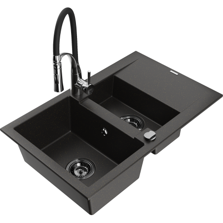 Mexen Gaspar 1.5-compartment granite sink with a drip tray and kitchen mixer tap Aster, Black/Gold metallic - 6507-75-73450-07-B