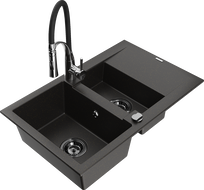 Mexen Gaspar granite sink 1.5-bowl with drainer and Aster kitchen tap, black/gold metallic - 6507-75-73450-07-B