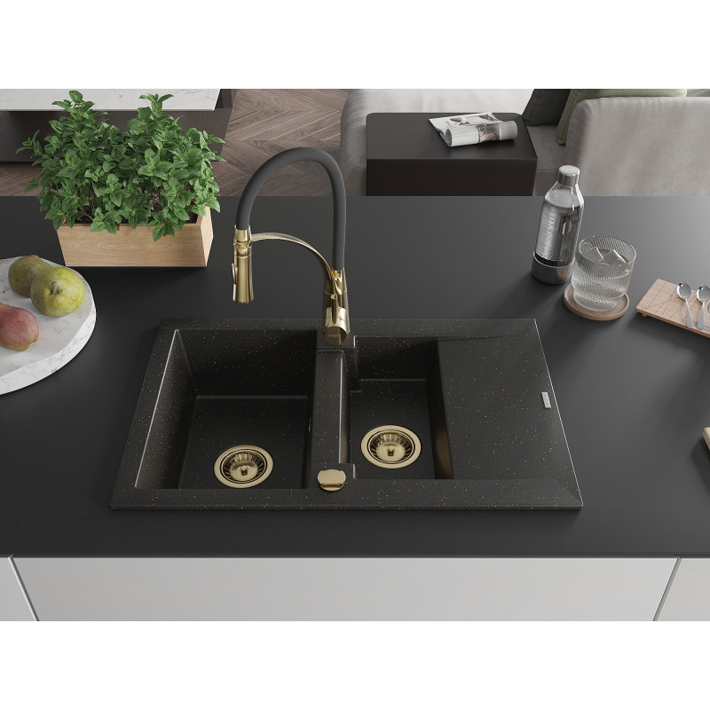 Mexen Gaspar granite sink 1.5-bowl with drainer and Aster kitchen tap, black/gold metallic - 6507-75-73450-57-G
