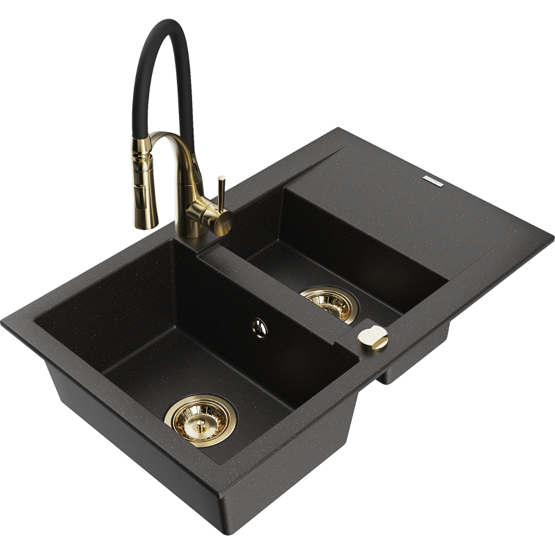 Mexen Gaspar 1.5-compartment granite sink with a drip tray and kitchen mixer tap Aster, Black/Gold metallic - 6507-75-73450-57-G