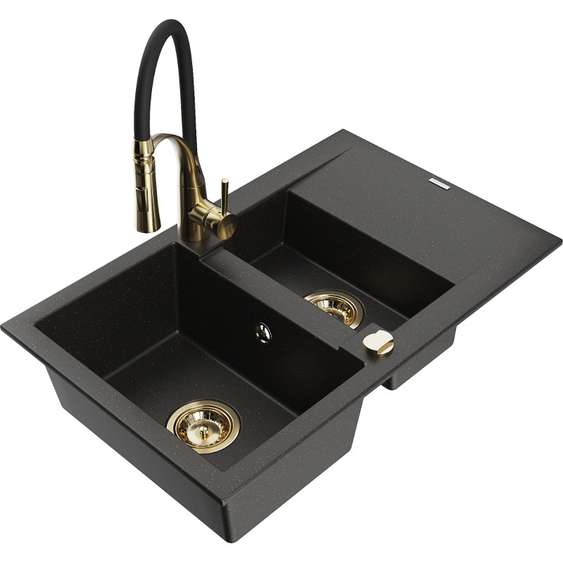 Mexen Gaspar granite sink 1.5-bowl with drainer and Aster kitchen faucet, black/gold metallic - 6507-75-73450-57-G