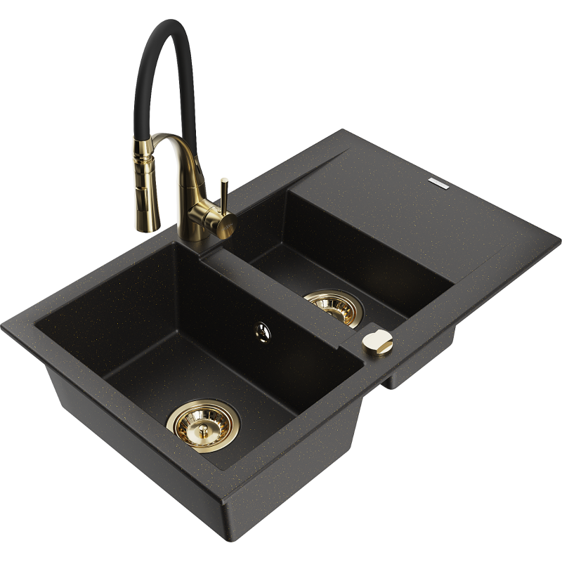 Mexen Gaspar granite sink 1.5-bowl with drainer and kitchen tap Aster, black/gold metallic - 6507-75-73450-57-G