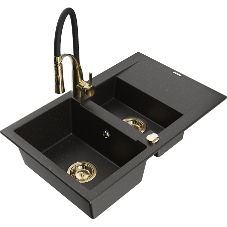 Mexen Gaspar granite sink 1.5-bowl with drainer and Aster kitchen faucet, black/gold metallic - 6507-75-73450-57-G
