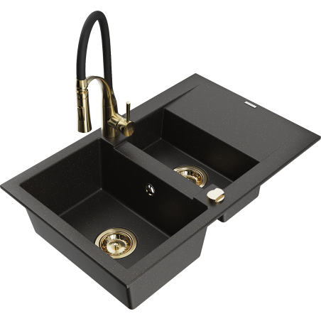 Mexen Gaspar granite sink 1.5-bowl with drainer and kitchen tap Aster, black/gold metallic - 6507-75-73450-57-G