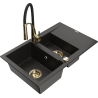 Mexen Gaspar granite sink 1.5-bowl with drainer and Aster kitchen faucet, black/gold metallic - 6507-75-73450-57-G