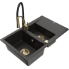 Mexen Gaspar granite sink 1.5-bowl with drainer and Aster kitchen tap, black/gold metallic - 6507-75-73450-57-G