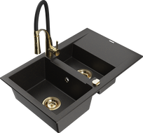 Mexen Gaspar granite sink 1.5-bowl with drainer and Aster kitchen faucet, black/gold metallic - 6507-75-73450-57-G