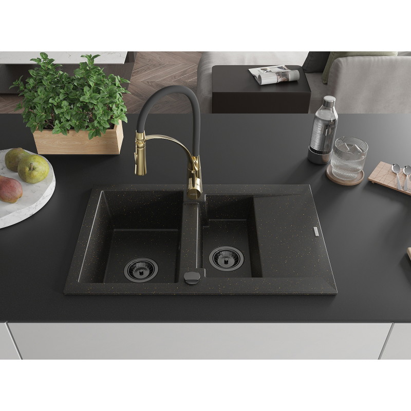 Mexen Gaspar granite sink 1.5-bowl with drainer and Aster kitchen faucet, black/gold metallic - 6507-75-73450-57-B