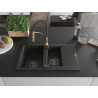 Mexen Gaspar granite sink 1.5-bowl with drainer and Aster kitchen faucet, black/gold metallic - 6507-75-73450-57-B