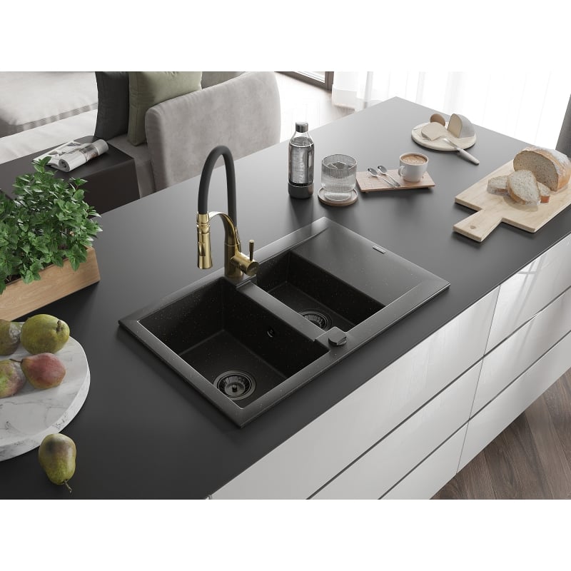 Mexen Gaspar granite sink 1.5-bowl with drainer and Aster kitchen faucet, black/gold metallic - 6507-75-73450-57-B