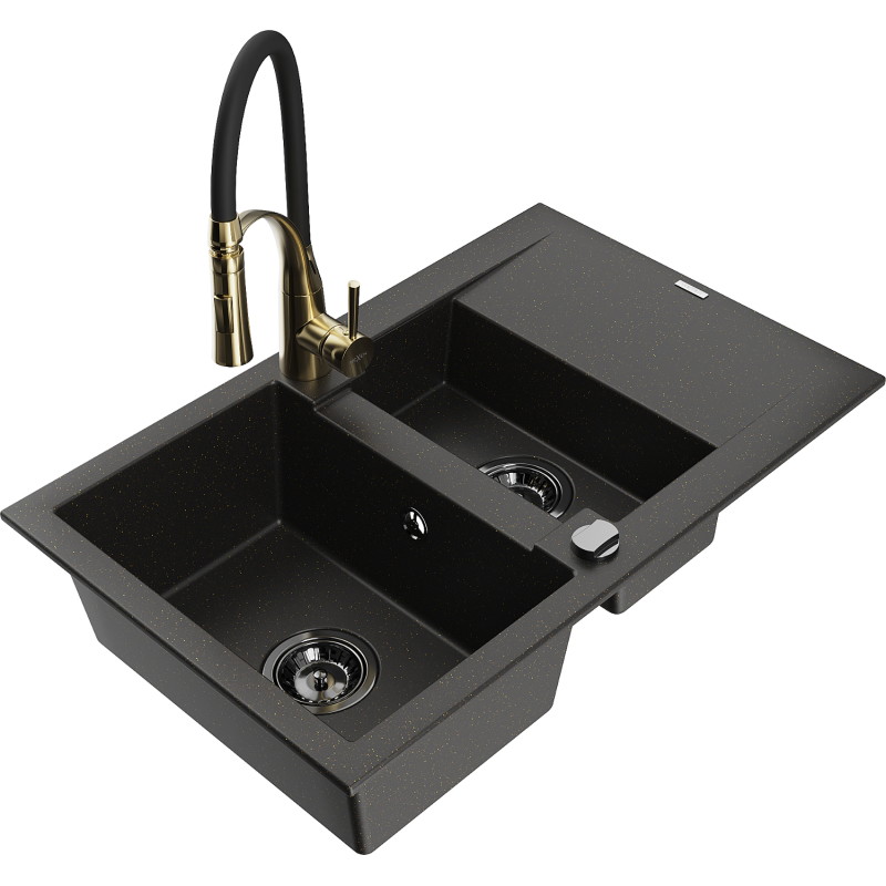 Mexen Gaspar granite sink 1.5-bowl with drainer and Aster kitchen faucet, black/gold metallic - 6507-75-73450-57-B
