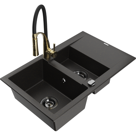 Mexen Gaspar granite sink 1.5-bowl with drainer and Aster kitchen faucet, black/gold metallic - 6507-75-73450-57-B