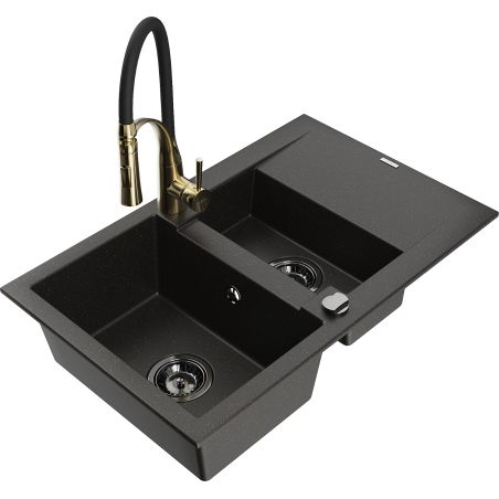 Mexen Gaspar granite sink 1.5-bowl with drainer and kitchen faucet Aster, black/gold metallic - 6507-75-73450-57-B
