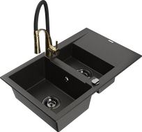 Mexen Gaspar granite sink 1.5-bowl with drainer and kitchen tap Aster, black/gold metallic - 6507-75-73450-57-B