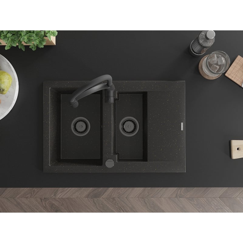 Mexen Gaspar granite sink 1.5 bowls with drainer and kitchen faucet Aster, black/gold metallic - 6507-75-73450-70-B