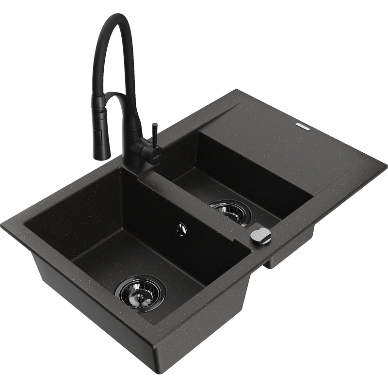 Mexen Gaspar 1.5-compartment granite sink with a drip tray and kitchen mixer tap Aster, Black/Gold metallic - 6507-75-73450-70-B