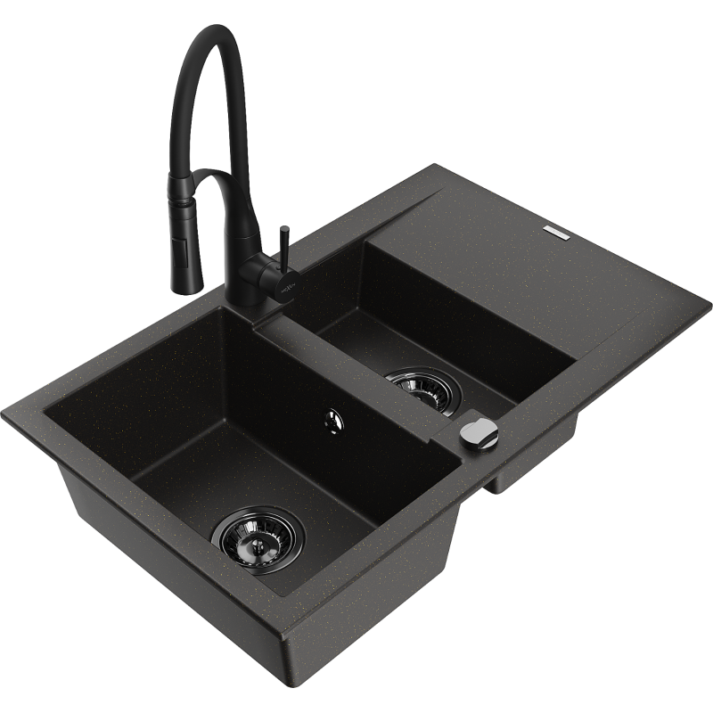 Mexen Gaspar granite sink 1.5-bowl with drainer and Aster kitchen tap, black/gold metallic - 6507-75-73450-70-B