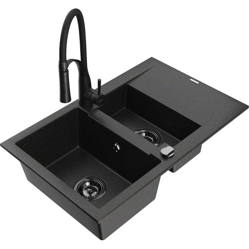 Mexen Gaspar granite sink 1.5 bowls with drainer and kitchen faucet Aster, black/gold metallic - 6507-75-73450-70-B