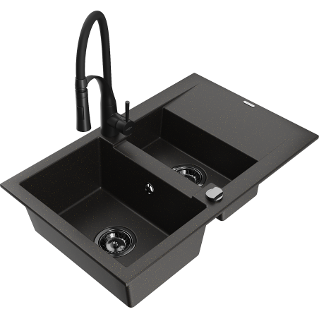 Mexen Gaspar granite sink 1.5-bowl with drainer and Aster kitchen tap, black/gold metallic - 6507-75-73450-70-B