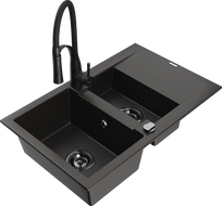 Mexen Gaspar granite sink 1.5-bowl with drainer and Aster kitchen faucet, black/gold metallic - 6507-75-73450-70-B