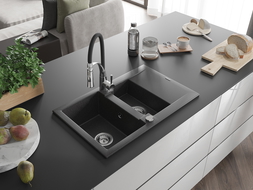 Mexen Gaspar granite kitchen sink 1.5-bowl with drainer and Aster kitchen tap, black speckled - 6507-76-73450-07