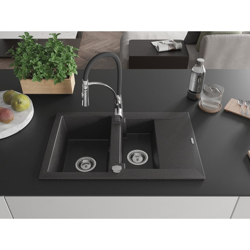 Mexen Gaspar granite kitchen sink 1.5-bowl with drainer and Aster kitchen faucet, speckled black - 6507-76-73450-07