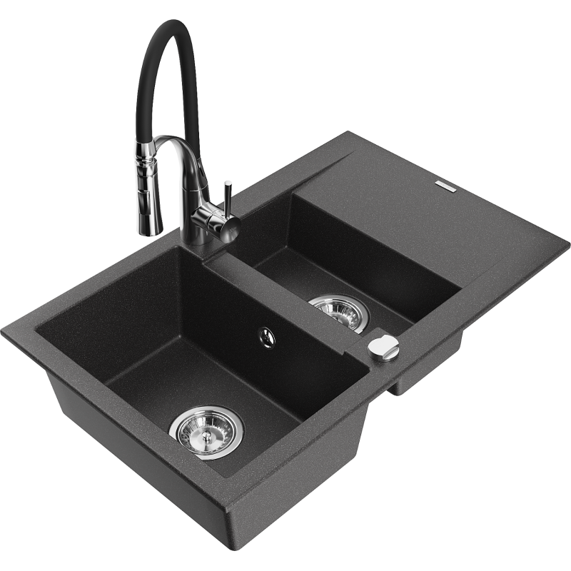 Mexen Gaspar 1.5-compartment granite sink with a drip tray and kitchen mixer tap Aster, spotted black - 6507-76-73450-07