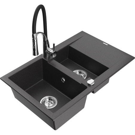Mexen Gaspar 1.5-compartment granite sink with a drip tray and kitchen mixer tap Aster, spotted black - 6507-76-73450-07
