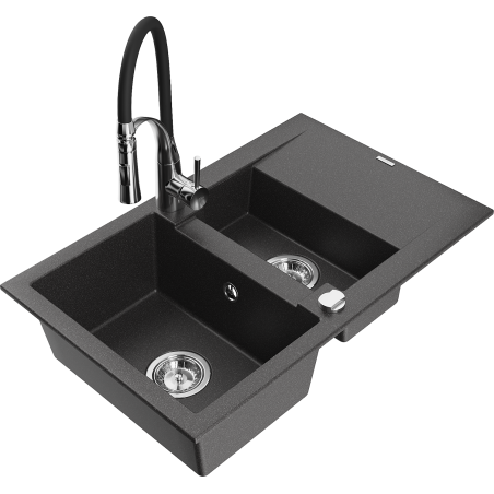 Mexen Gaspar granite kitchen sink 1.5-bowl with drainer and Aster kitchen faucet, speckled black - 6507-76-73450-07