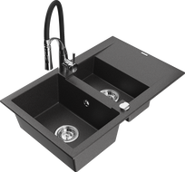 Mexen Gaspar granite kitchen sink 1.5-bowl with drainer and Aster kitchen tap, black speckled - 6507-76-73450-07