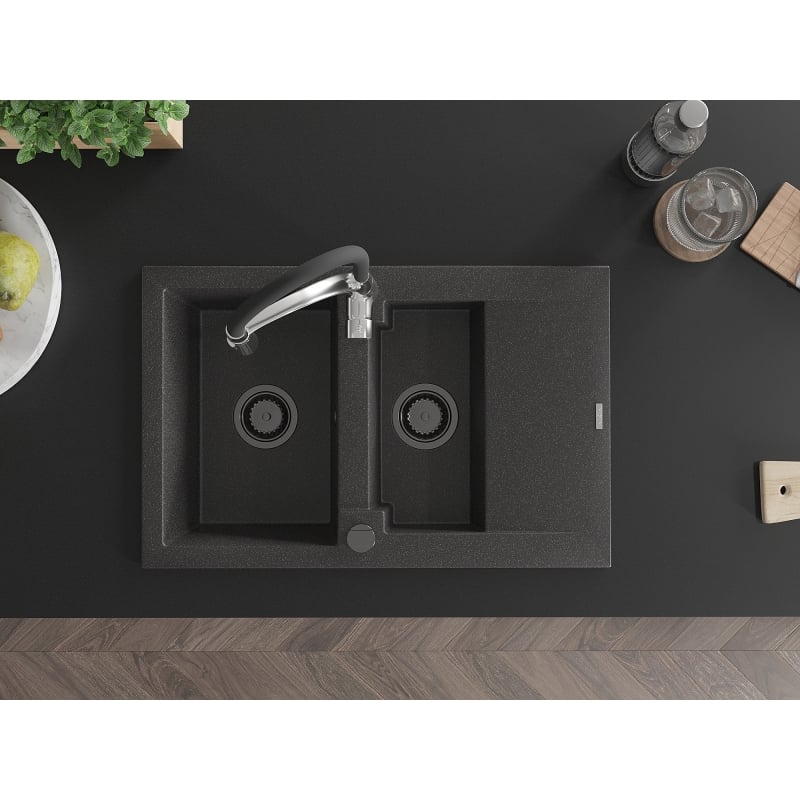 Mexen Gaspar granite sink 1.5-bowl with drainer and kitchen faucet Aster, black speckled - 6507-76-73450-07-B