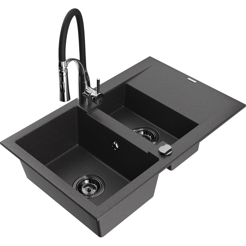 Mexen Gaspar 1.5-compartment granite sink with a drip tray and kitchen mixer tap Aster, spotted black - 6507-76-73450-07-B