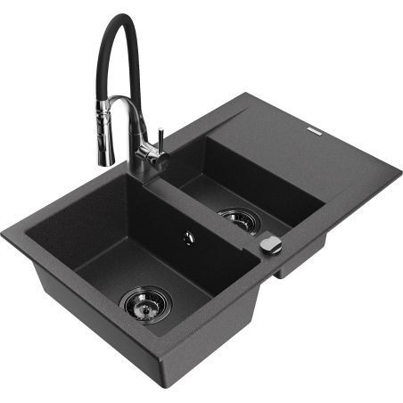 Mexen Gaspar granite sink 1.5-bowl with drainer and kitchen faucet Aster, black speckled - 6507-76-73450-07-B