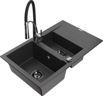 Mexen Gaspar granite sink 1.5-bowl with drainer and Aster kitchen tap, black speckled - 6507-76-73450-07-B