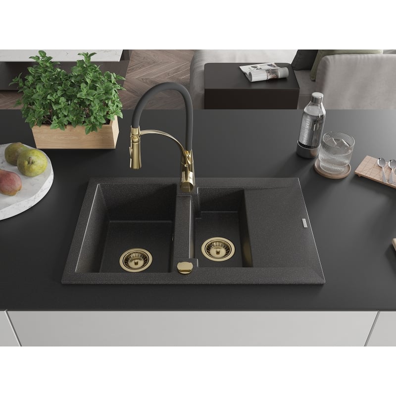 Mexen Gaspar granite kitchen sink 1.5-bowl with drainer and Aster kitchen faucet, black speckled - 6507-76-73450-57-G