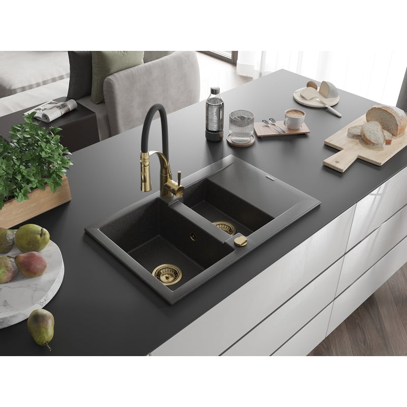 Mexen Gaspar granite kitchen sink 1.5-bowl with drainer and Aster kitchen faucet, black speckled - 6507-76-73450-57-G