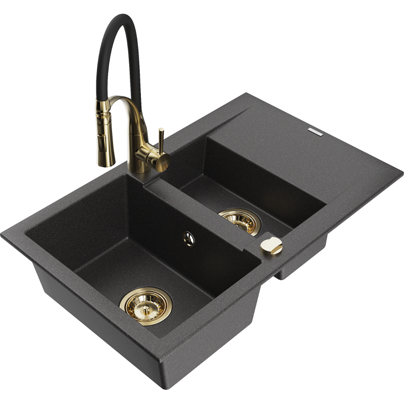 Mexen Gaspar 1.5-bowl granite sink with drainer and Aster kitchen tap, speckled black - 6507-76-73450-57-G