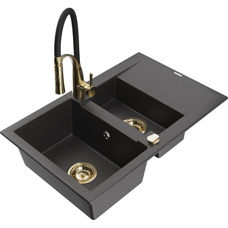 Mexen Gaspar 1.5-compartment granite sink with a drip tray and kitchen mixer tap Aster, spotted black - 6507-76-73450-57-G