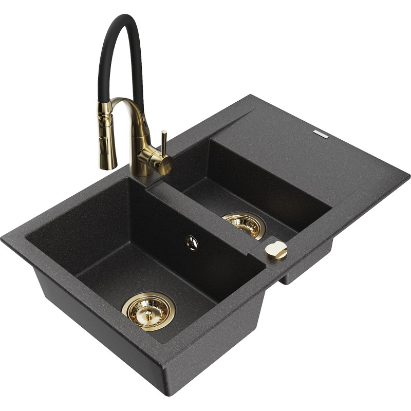 Mexen Gaspar granite sink 1.5-bowl with drainer and kitchen faucet Aster, black speckled - 6507-76-73450-57-G