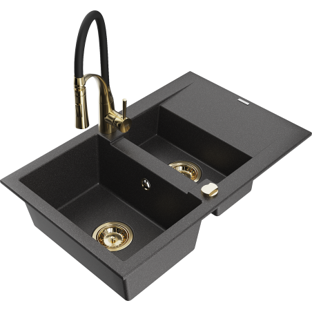 Mexen Gaspar 1.5-bowl granite sink with drainer and Aster kitchen tap, speckled black - 6507-76-73450-57-G
