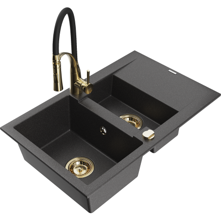 Mexen Gaspar granite sink 1.5-bowl with drainer and kitchen faucet Aster, black speckled - 6507-76-73450-57-G