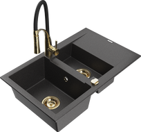 Mexen Gaspar granite kitchen sink 1.5-bowl with drainer and Aster kitchen faucet, black speckled - 6507-76-73450-57-G