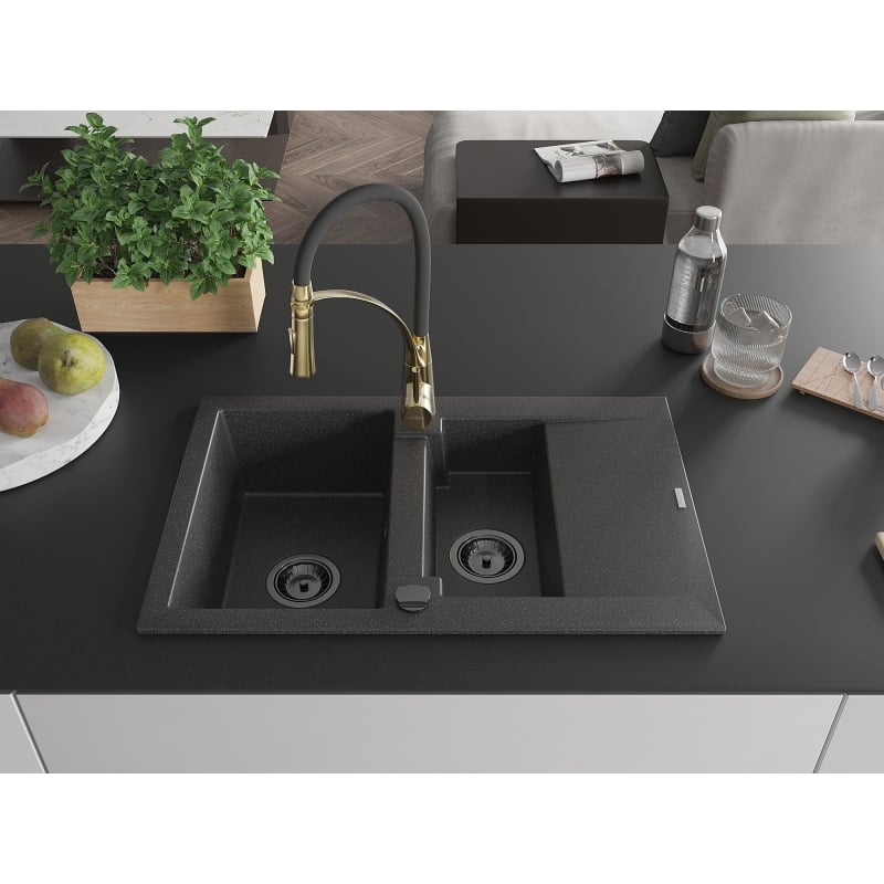 Mexen Gaspar granite kitchen sink 1.5-bowl with drainer and Aster kitchen faucet, black speckled - 6507-76-73450-57-B